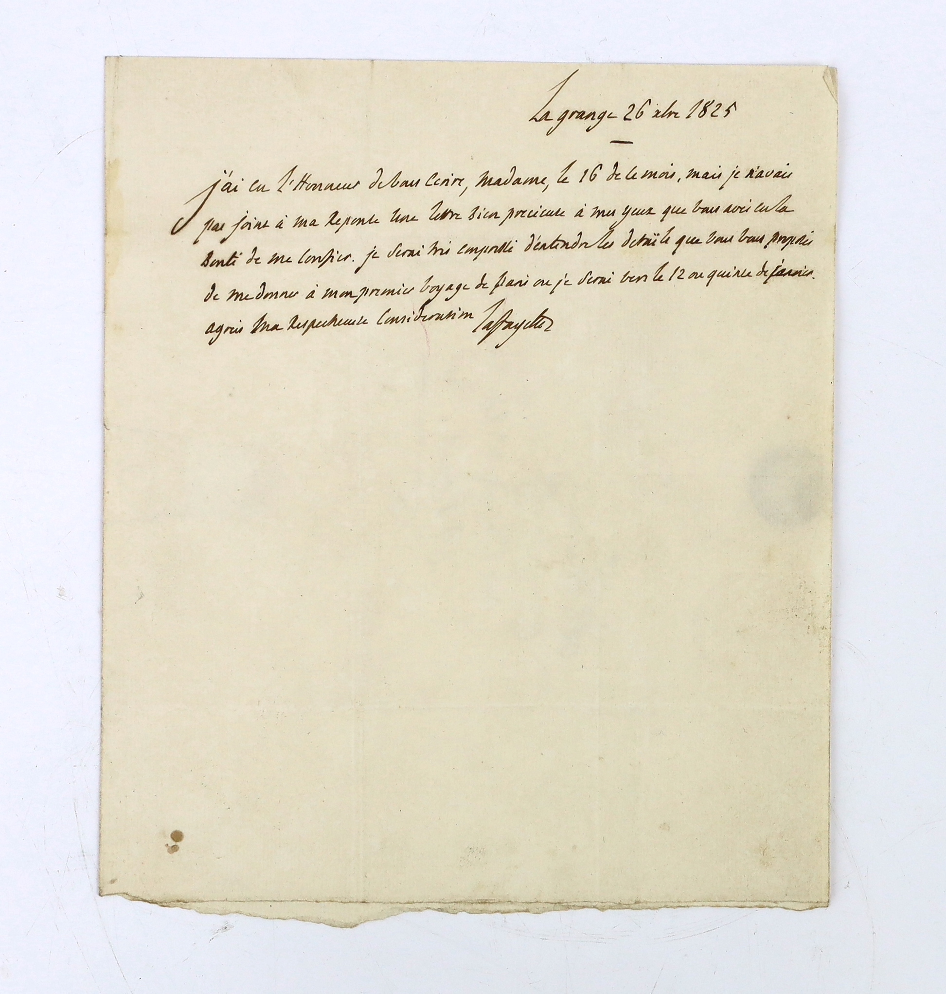 Gilbert du Motier, Marquis de Lafayette (1757-1834), French general and politician; letter to Madame [name cut from the cover], 22 Rue St Anne, Paris; La Grange, 26 December 1825